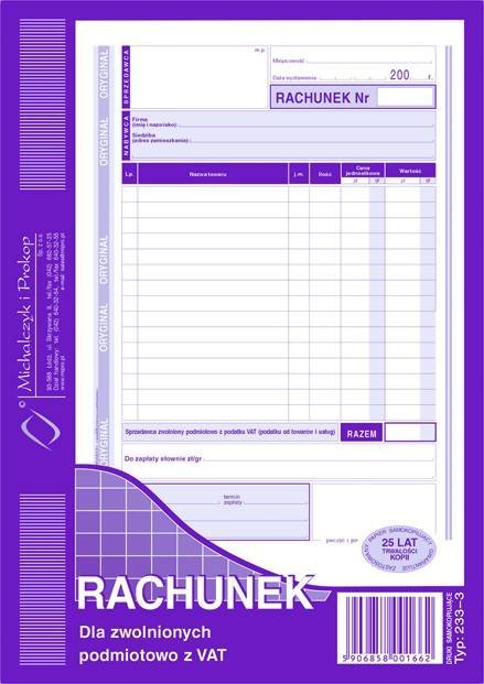 233-3 Rachunek dla zwolnionych podmiotowo z VAT (pion). A5. (o+1k)
