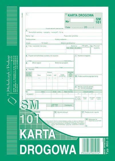 802-3N Karta drogowa SM/101 samochód osobowy (numerowana). A5. offset