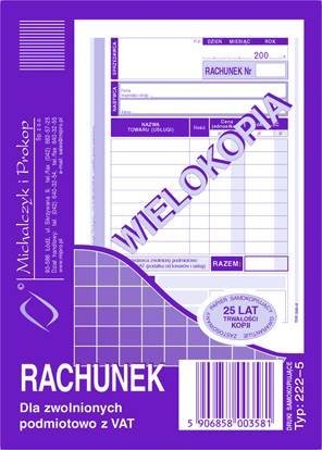 222-5 Rachunek dla zwolnionych podmiotowo z VAT. A6. wielokopia