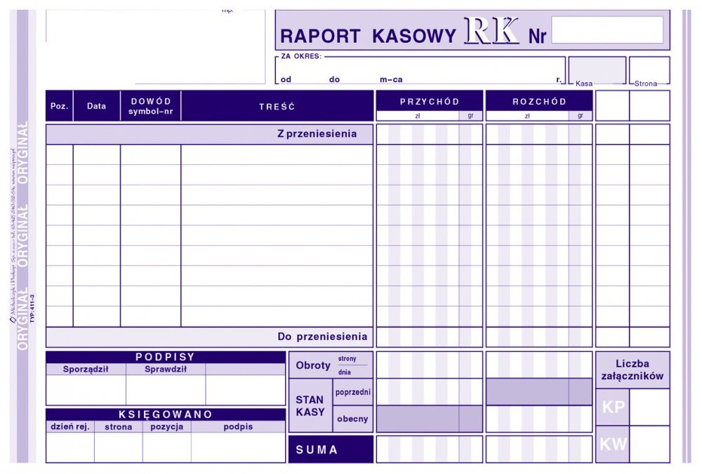 411-3 RK Raport kasowy. A5. (o+1k)