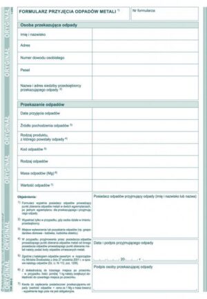 E03-3 Formularz przyjęcia odpadów metali. A5. (o+1k)
