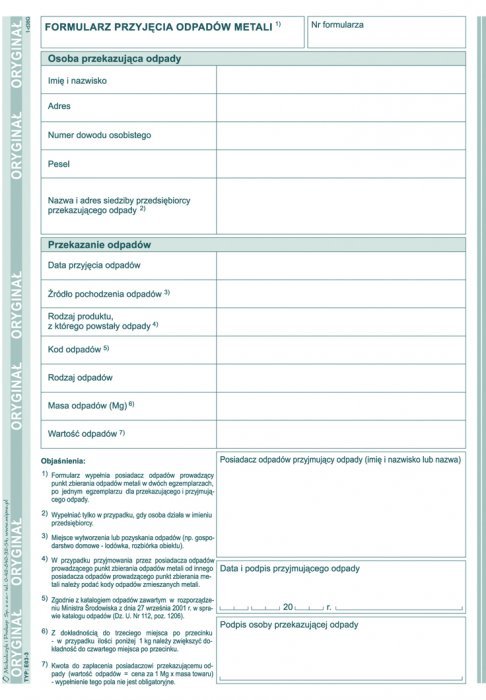 E03-3 Formularz przyjęcia odpadów metali. A5. (o+1k)