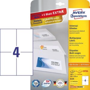 Etykiety Avery Zweckform uniwersalne A4 25 arkuszy + 5 arkuszy Extra 105 x 148 mm białe