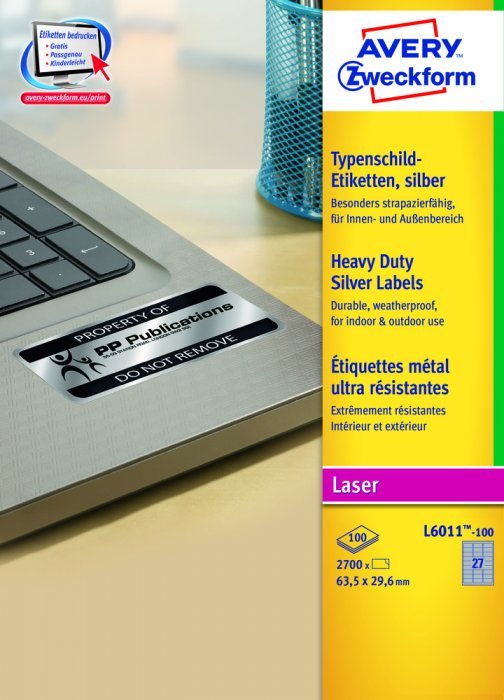 Etykiety znamionowe srebrne Avery Zweckform; A4. 100 arkuszy 63.5 x 29.6 mm