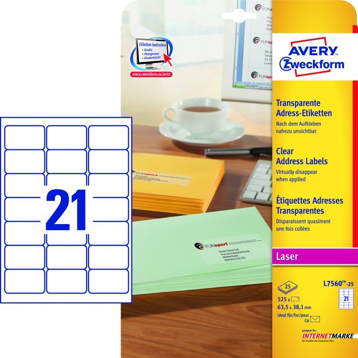 Etykiety adresowe przezroczyste; A4. opakowanie 25 ark. 63.5 x 38.1 mm. L7560-25 Avery Zweckform