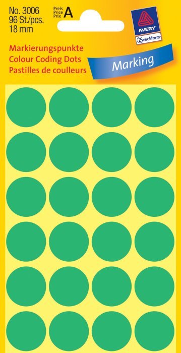 Kółka do zaznaczania Trwałe Avery Zweckform _18mm. 96szt./op. Zielone 3006