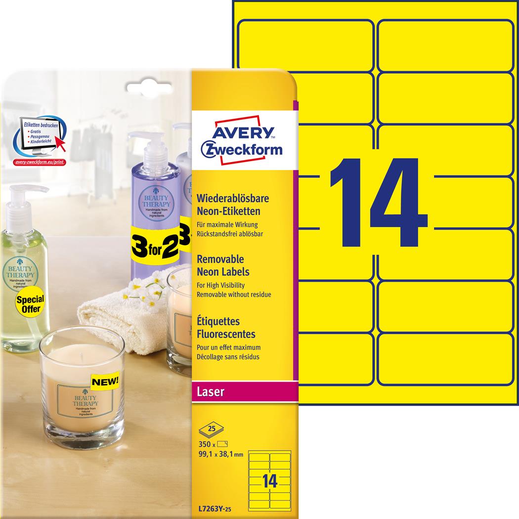 Etykiety żółte neon L7263Y-25 99.1 x 38.1 25ark. Usuwalne. Avery Zweckform