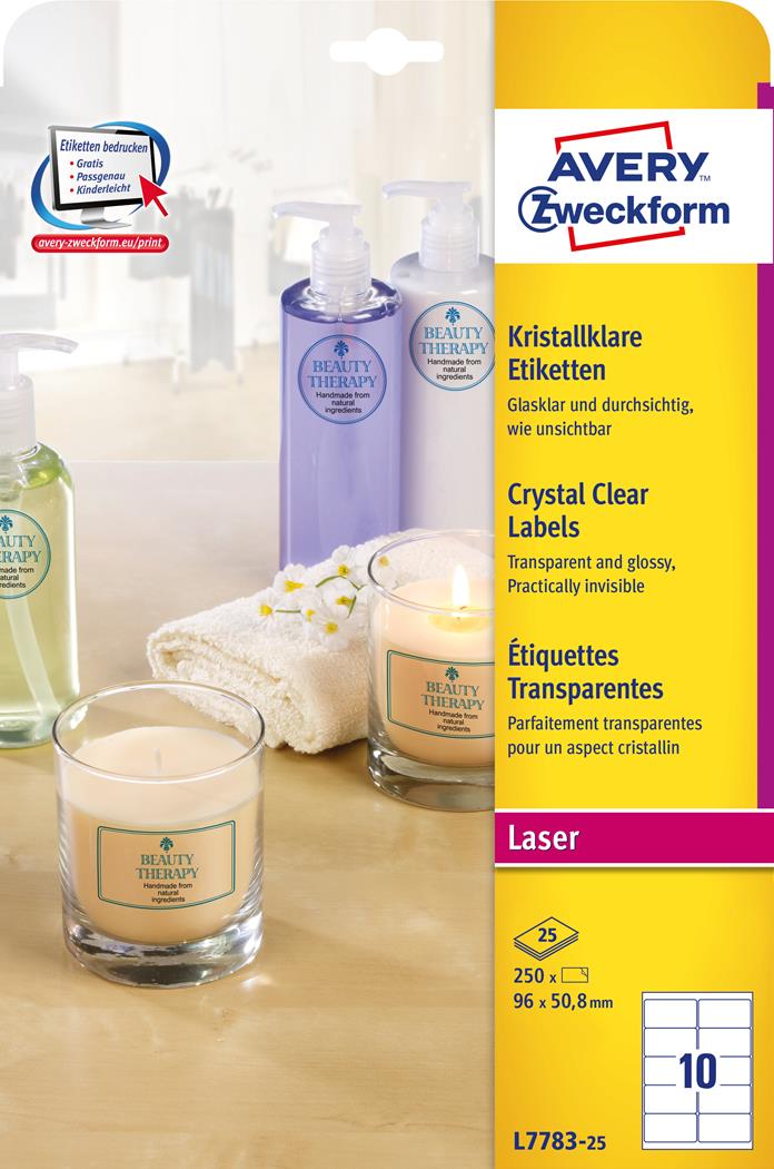 Etykiety Crystal Clear L7783-25 96 x 50.8 25 ark przezroczyste Avery Zweckform