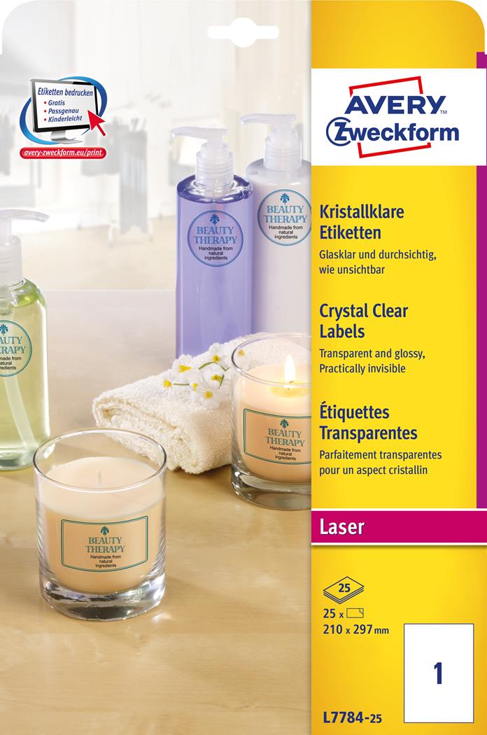 Etykiety Crystal Clear L7784-25 210 x 297 25ark przezroczyste. Avery Zweckform