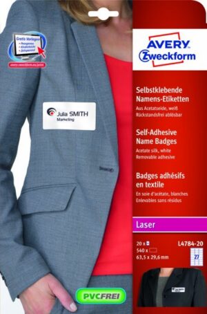 Samoprzylepne identyfikatory L4784-20 63,5x29,6 20 ark., białe, sztuczny jedwab, Avery Zweckform