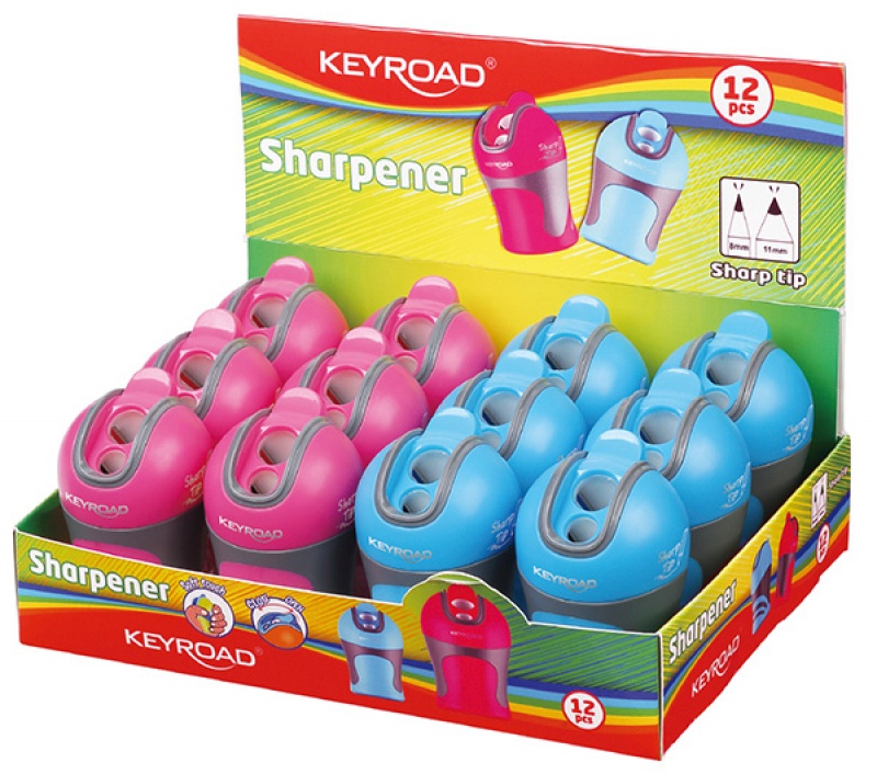 Temperówka KEYROAD Colour Special, plastikowa, podwójna, z pojemnikiem, ostrzenie w szpic, pakowane na displayu, mix kolorów - obrazek 2