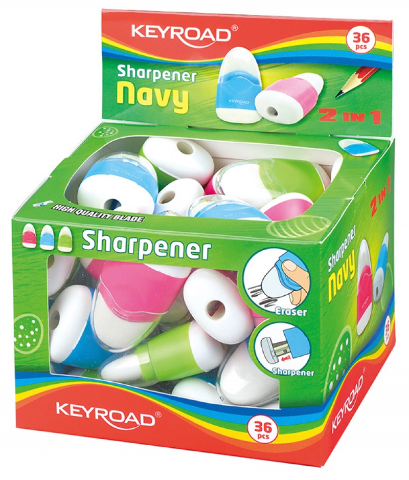 Temperówka KEYROAD Navy, plastikowa, pojedyncza, z gumką, pakowane na displayu, mix kolorów - obrazek 2