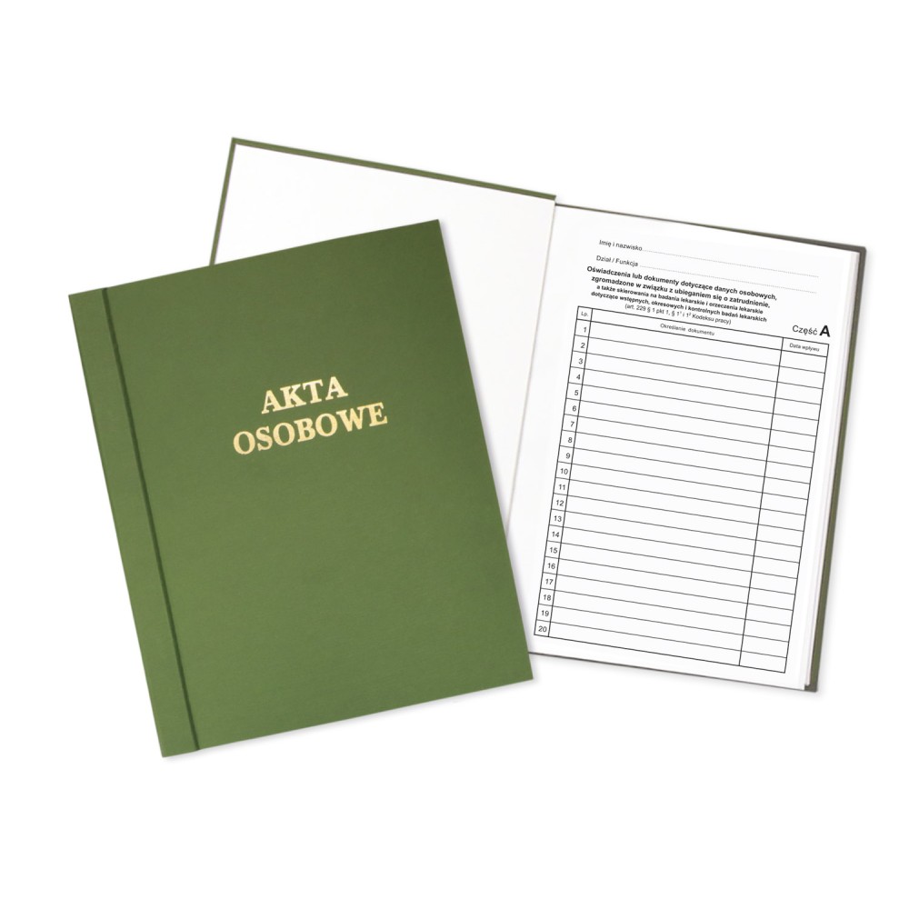 Teczka Akt Osobowych ABCDE, oklejana, sztywny grzbiet, z treścią zielona