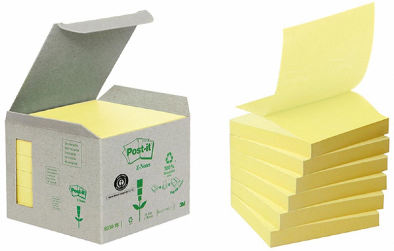 Karteczki samoprzylepne POST-IT® Recycled Z-Notes (R330-1B), 76x76mm, 6x100 kart., żółte