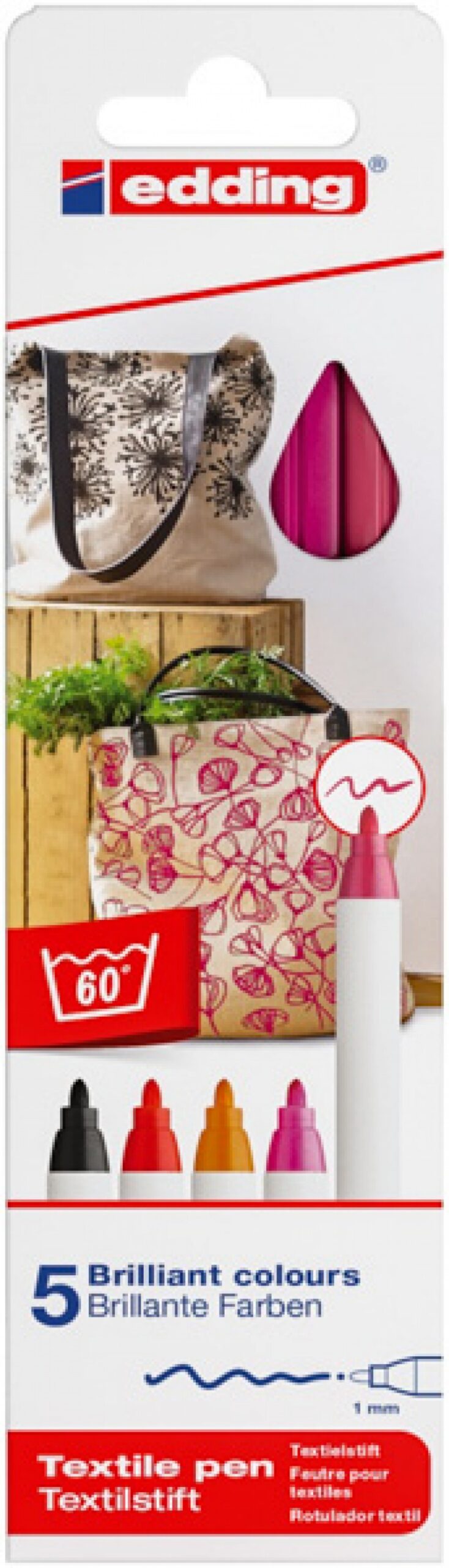 Pisak tekstylny e-4600/5 S EDDING, 1mm, 5 szt., pudełko, mix kolorów ciepłych - obrazek 2