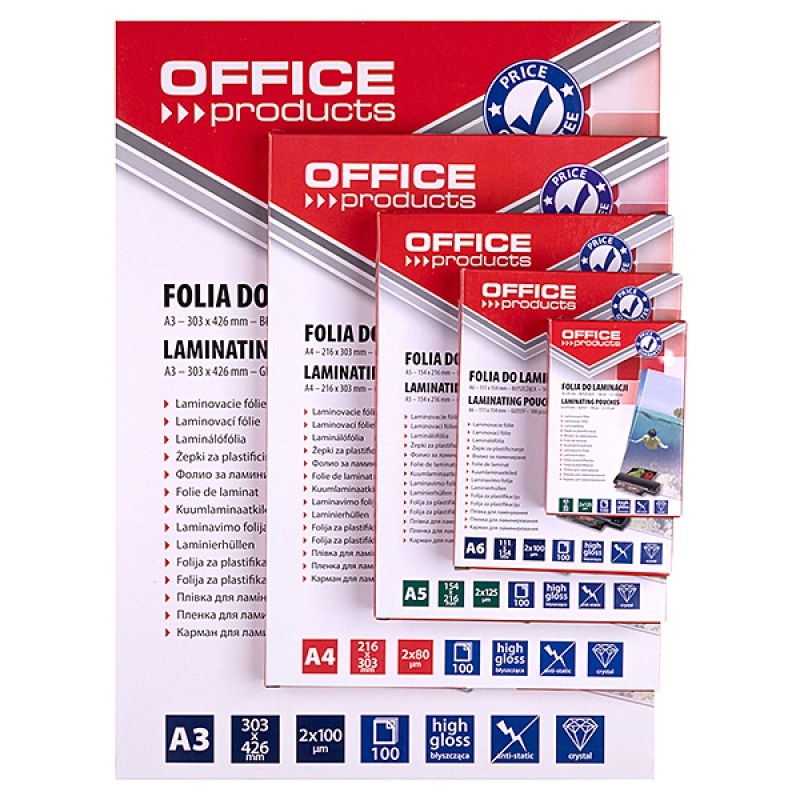 Folia do laminowania OFFICE PRODUCTS, A4, 2x80mikr., błyszcząca, 100szt., transparentna - obrazek 2