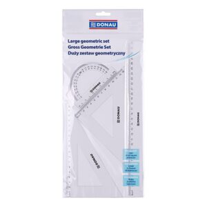 Zestaw geometryczny DONAU, duży, z linijką 30cm, zawieszka, transparentny