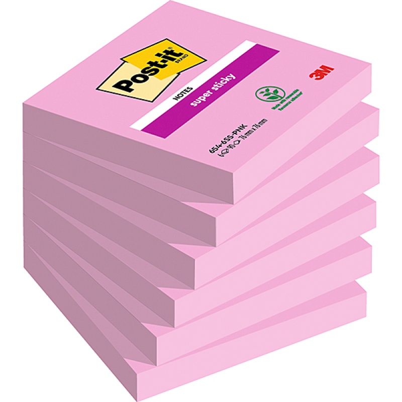 Karteczki samoprzylepne POST-IT® Super Sticky (654-6SS-PO), 76x76mm, 1x90 kartek, różowe
