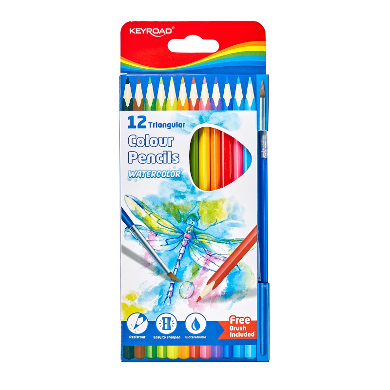 Kredki ołówkowe KEYROAD, trójkątne, akwarelowe, z pędzlem, 12szt., zawieszka, mix kolorów