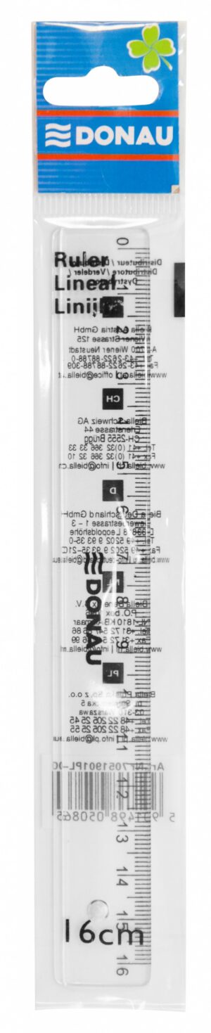 Linijka DONAU, 16cm, zawieszka, transparentna