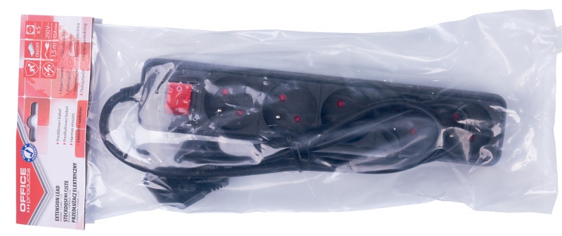 Przedłużacz OFFICE PRODUCTS, 5 gniazd, 1,5m, z uziemieniem i wyłącznikiem, czarny - obrazek 2