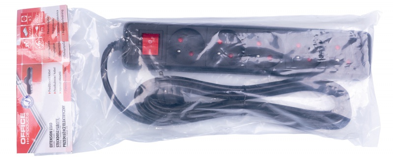 Przedłużacz OFFICE PRODUCTS, 5 gniazd, 3m, z uziemieniem i wyłącznikiem, czarny - obrazek 2