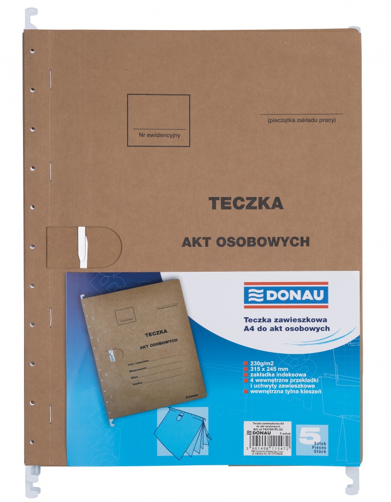Teczka zawieszkowa DONAU na akta osobowe, wersja od 2023r., karton, A4, 230gsm, brązowa - obrazek 3