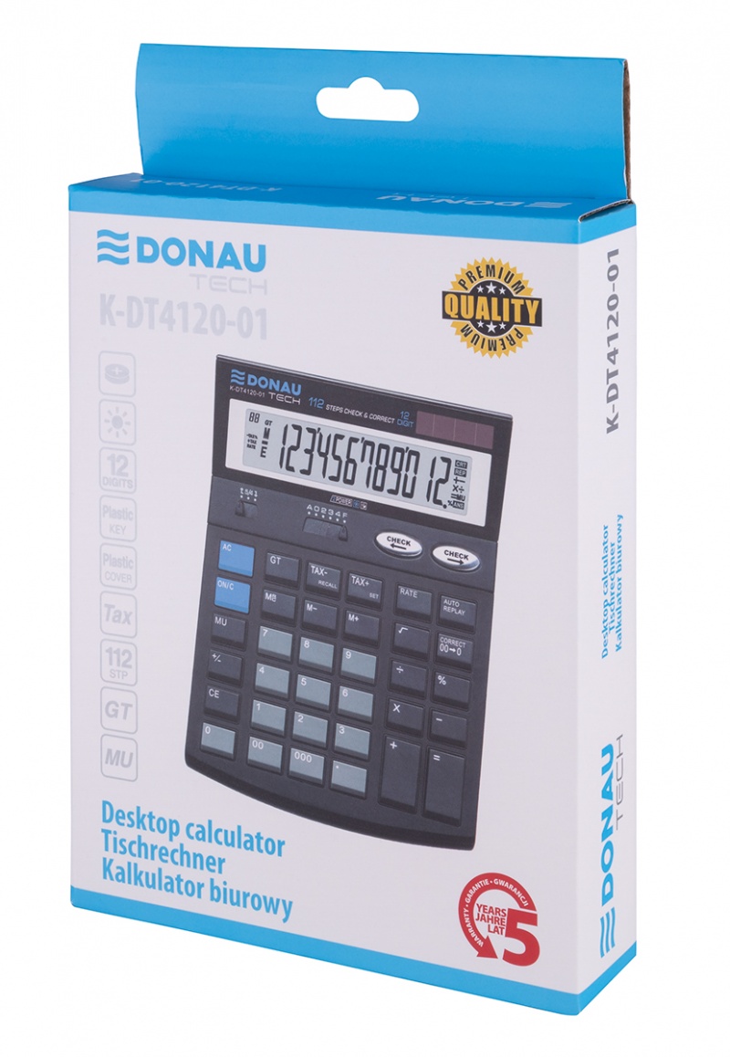 Kalkulator biurowy DONAU TECH, 12-cyfr. wyświetlacz, wym. 185x140x37 mm, czarny - obrazek 6