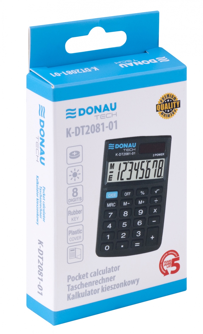 Kalkulator kieszonkowy DONAU TECH, CI-SLD100NR, 8-cyfr. wyświetlacz, wym. 90x60x11 mm, czarny - obrazek 2