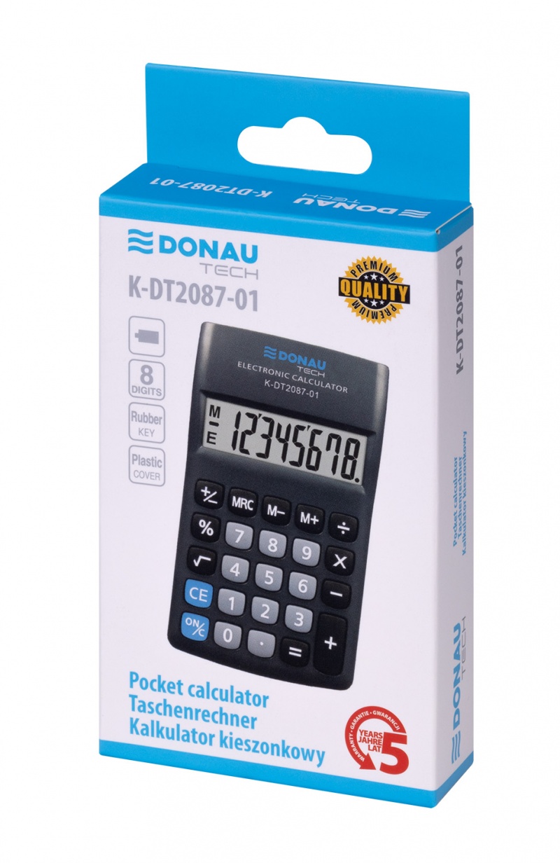 Kalkulator kieszonkowy DONAU TECH, 8-cyfr. wyświetlacz, wym. 116x68x18 mm, czarny - obrazek 3