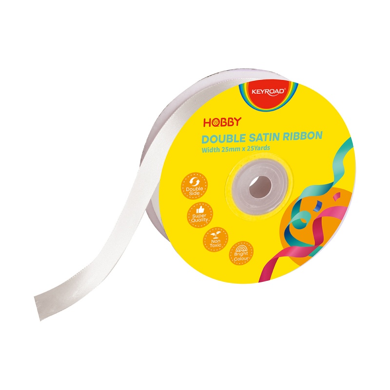 Wstążka KEYROAD, podwójna, satynowa, 25mm x 22,86m, na szpulce, biała - obrazek 2