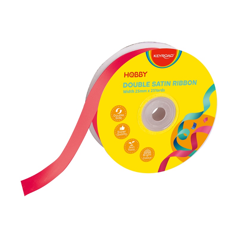 Wstążka KEYROAD, podwójna, satynowa, 25mm x 22,86m, na szpulce, czerwona - obrazek 2