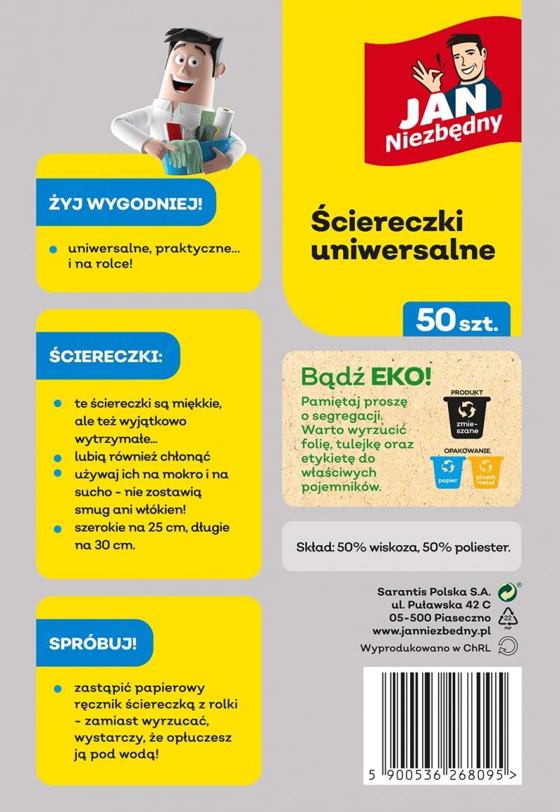 Ściereczki na rolce JAN NIEZBĘDNY, 50 szt., zielono-białe - obrazek 3