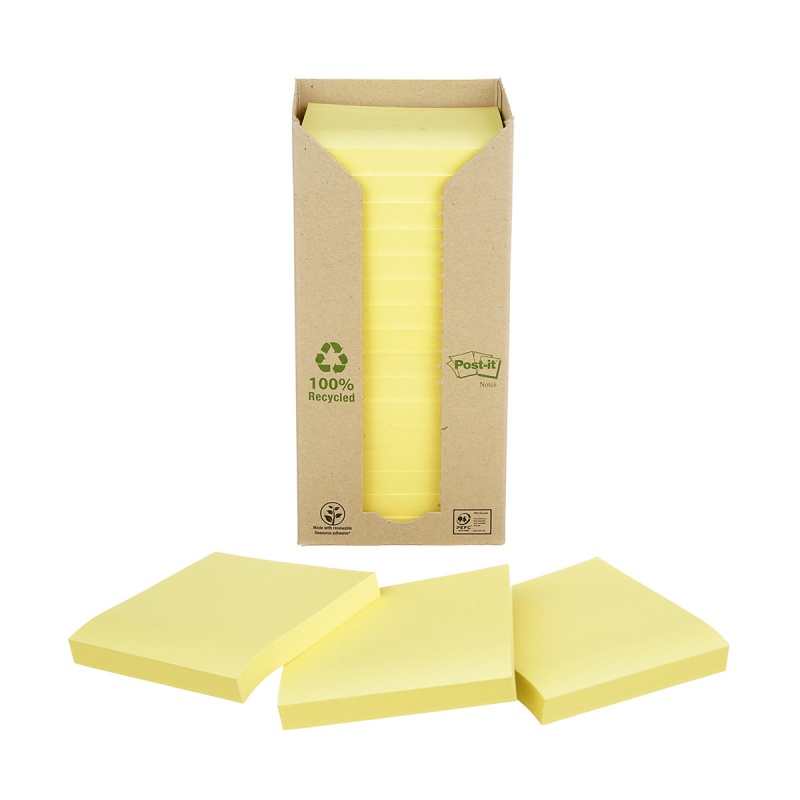 Karteczki samoprzylepne POST-IT® Recycled Notes (654-1T), 76x76mm, 16x100 kart., żółty - obrazek 2