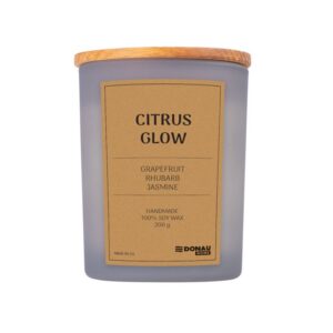 Świeca sojowa DONAU HOME, w szarym szkle, drewniana pokrywa i knot, Citrus Glow, 200g