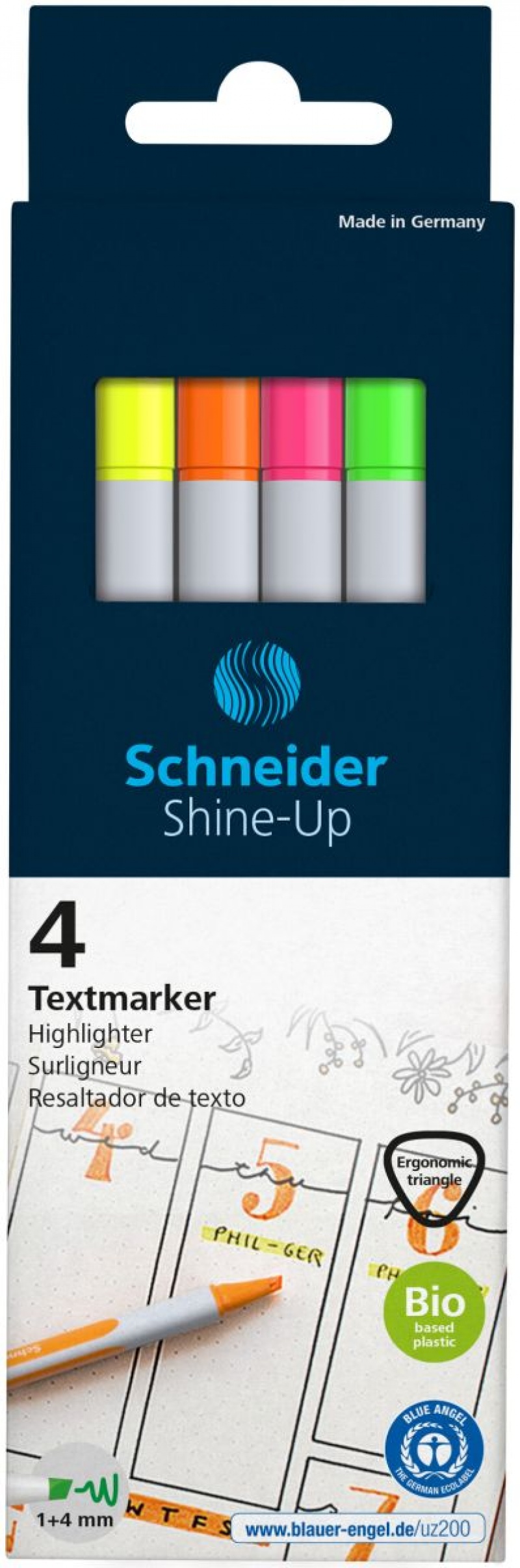 Zestaw zakreślaczy SCHNEIDER Shine-Up, 1-4mm, 4 szt., pudełko z zawieszką, mix kolorów
