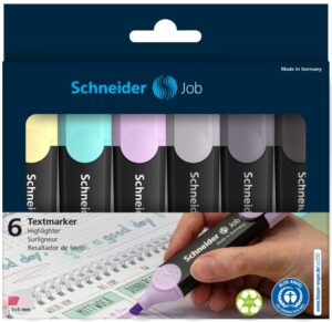 Zestaw zakreślaczy SCHNEIDER Job Pastel Grey, 1-5 mm, 6 szt., pudełko z zawieszką, mix kolorów