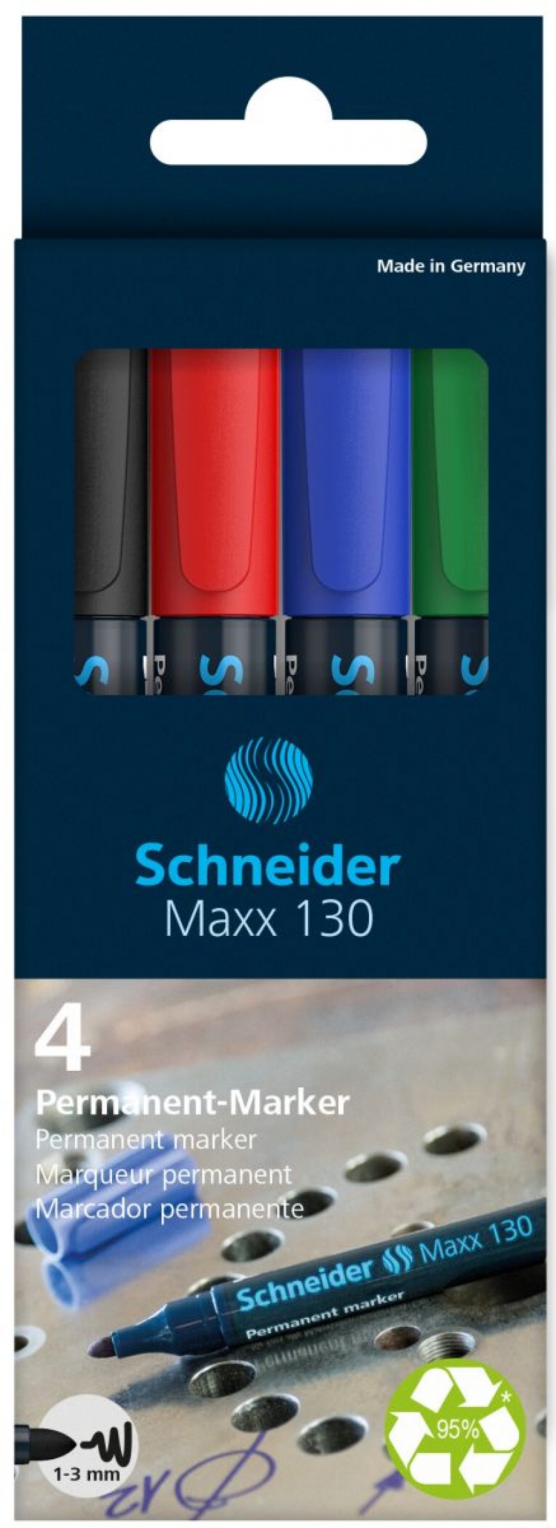 Zestaw markerów uniwersalnych SCHNEIDER Maxx 130, 1-3 mm, 4 szt., pudełko z zawieszką, mix kolorów