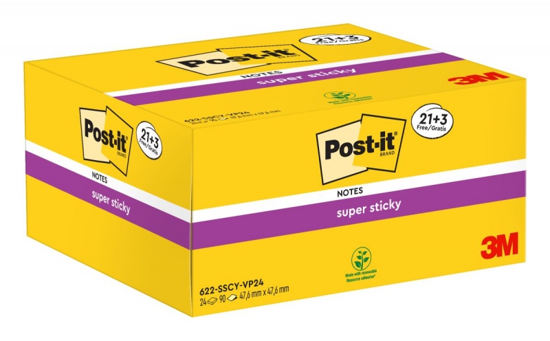 Karteczki samoprzylepne Post-it® Super Sticky (622-SSCY-24VP), 47,6x47,6mm, 21x90 kart.+3x90 kart. gratis, żółte - obrazek 2