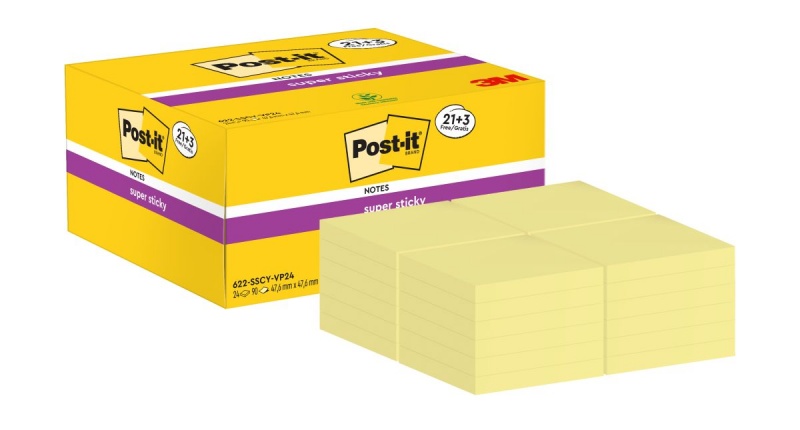 Karteczki samoprzylepne Post-it® Super Sticky (622-SSCY-24VP), 47,6x47,6mm, 21x90 kart.+3x90 kart. gratis, żółte - obrazek 4