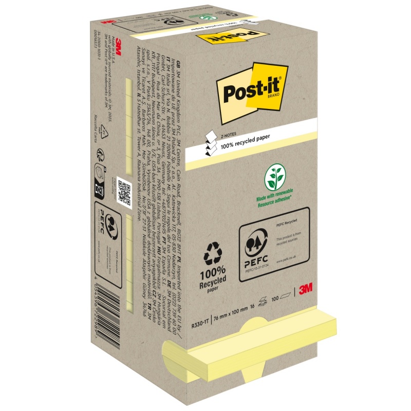 Karteczki samoprzylepne POST-IT® Recycled Z-Notes (R330-1T), 76x76mm, 16x100 kart., żółty