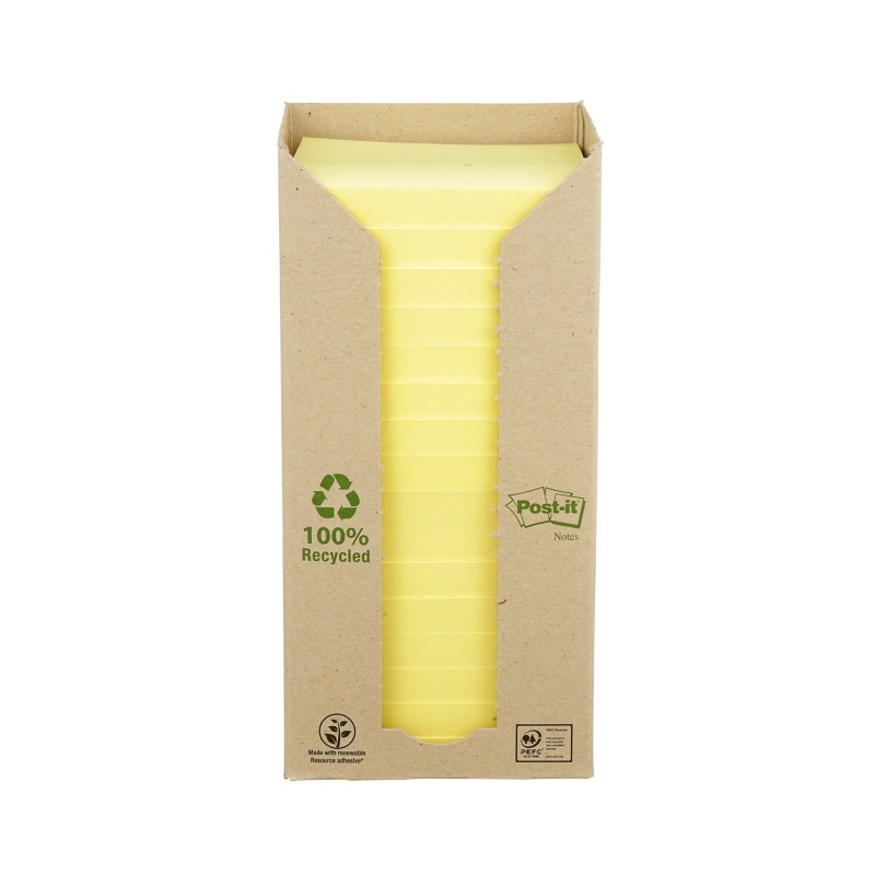 Karteczki samoprzylepne POST-IT® Recycled Notes (654-1T), 76x76mm, 16x100 kart., żółty