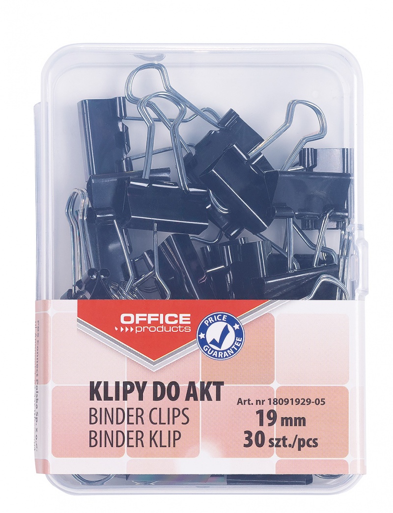 Klipy do dokumentów OFFICE PRODUCTS, 19mm, 30szt., w pudełku, czarne