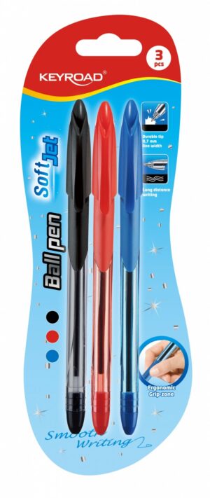 Długopis KEYROAD Ball Pen Soft Jet, miękki uchwyt, 0,7mm, 3 szt., blister, mix kolorów