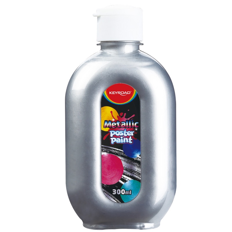 Farba plakatowa KEYROAD, metaliczna, 300ml, butelka, srebrna - obrazek 2
