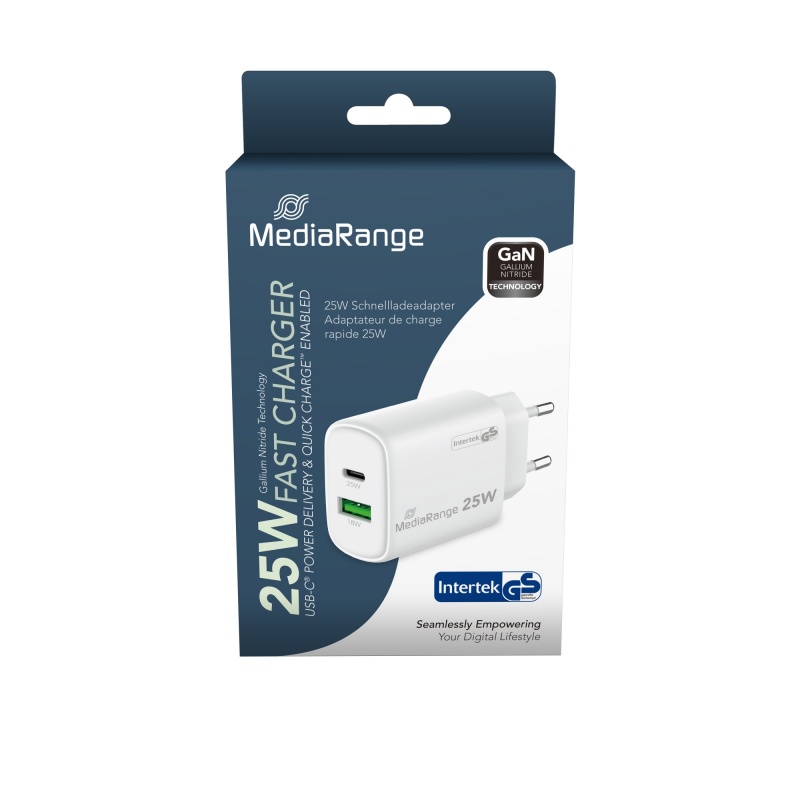 Ładowarka MEDIARANGE 25W, szybkie ładowanie, 1xUSB-C + 1xUSB-A, biały
