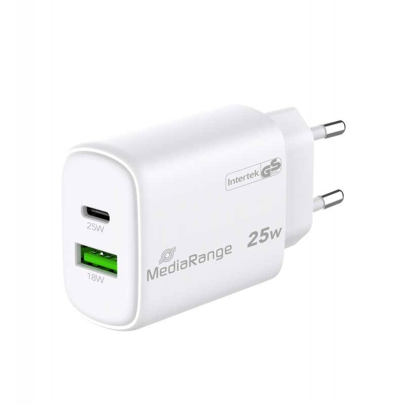 Ładowarka MEDIARANGE 25W, szybkie ładowanie, 1xUSB-C + 1xUSB-A, biały - obrazek 2