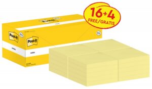 Karteczki samoprzylepne POST-IT® (654CY-VP20), 76x76mm, 100 kart./bloczek, 16 + 4 bloczki GRATIS, kanarkowo żółte