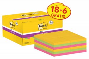 Karteczki samoprzylepne POST-IT® Super Sticky (622-P24SSCOL), 47,6x47,6mm, 90 kart./bloczek, 18 + 6 bloczków GRATIS, mix kolorów