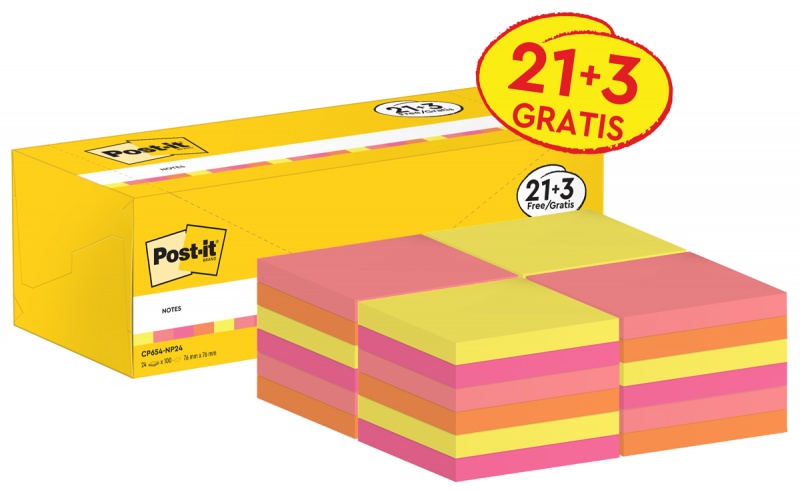 Karteczki samoprzylepne POST-IT® (654-NP24), 76x76mm, 100 kart./bloczek, 21 + 3 bloczki GRATIS, mix kolorów neonowych